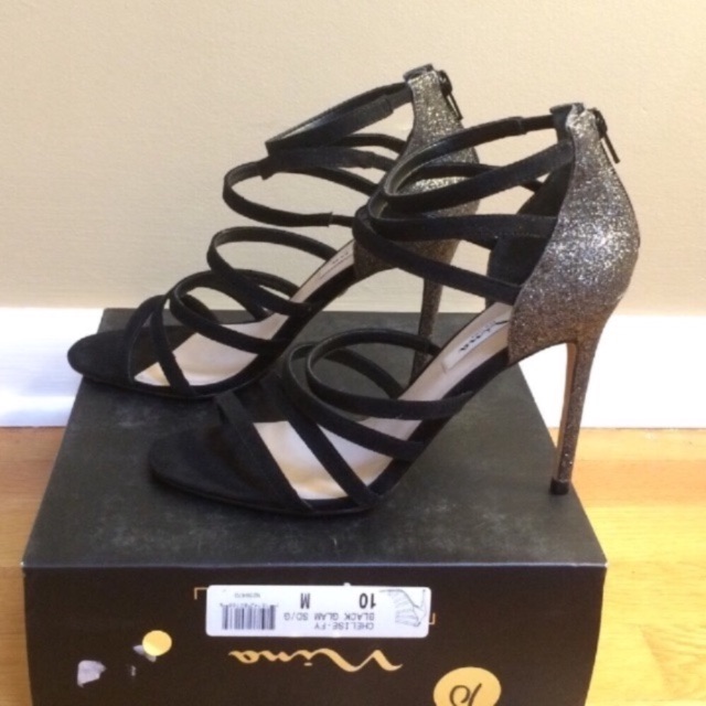 Nina Chelise Glam Black & Gold Caged Strappy Sparkly Glittering Stiletto Sandals — image 3 of 8
